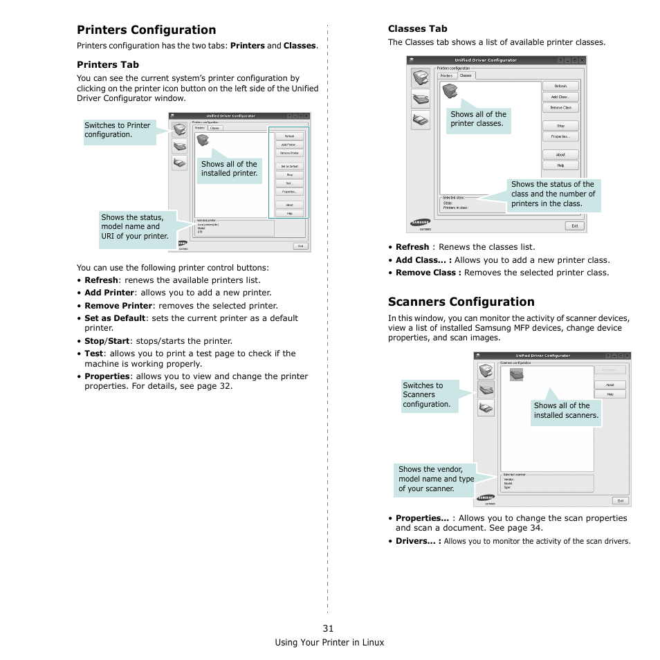 Printers configuration, Scanners configuration, Printers configuration scanners configuration | Samsung CLX-3170 User Manual | Page 130 / 143