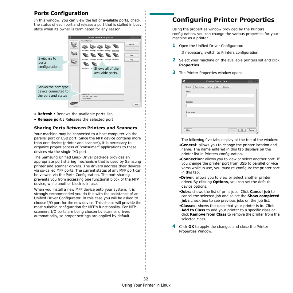 Ports configuration, Configuring printer properties | Samsung CLX-3170 User Manual | Page 131 / 143