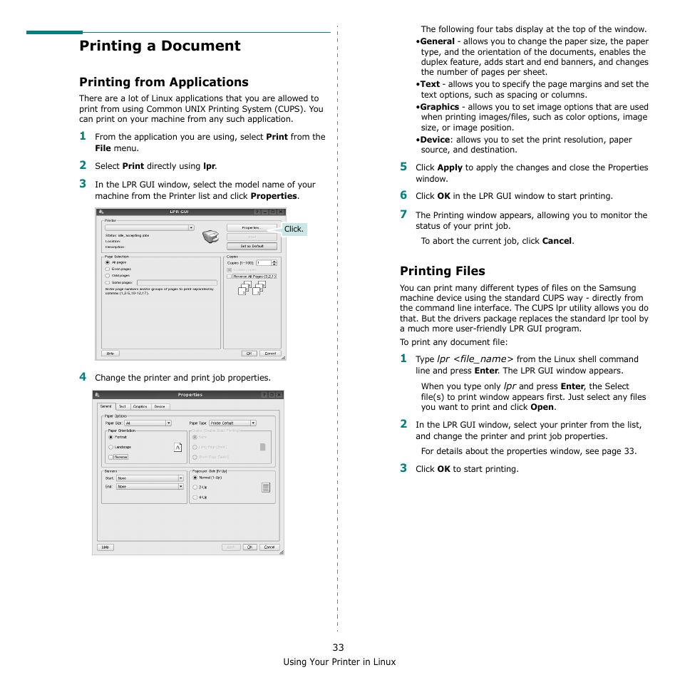 Printing a document, Printing from applications, Printing files | Printing from applications printing files | Samsung CLX-3170 User Manual | Page 132 / 143