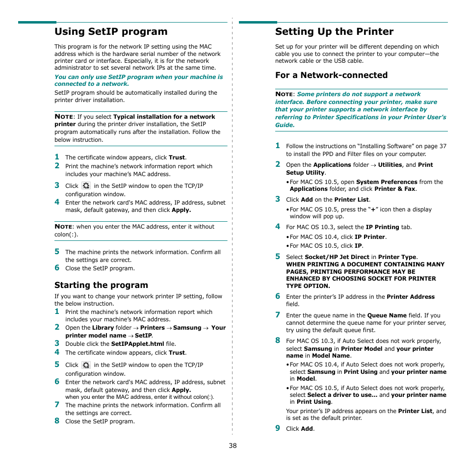 Using setip program, Setting up the printer, For a network-connected | Using setip program setting up the printer, Starting the program | Samsung CLX-3170 User Manual | Page 137 / 143