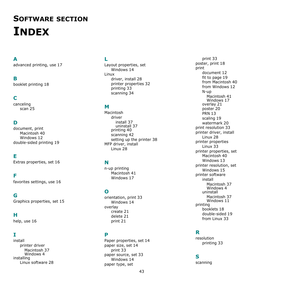 Software section index, Ndex, Oftware | Samsung CLX-3170 User Manual | Page 142 / 143