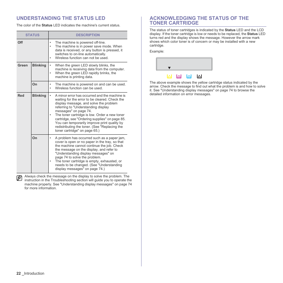 Understanding the status led, Acknowledging the status of the toner cartridge, 22 understanding the | 22 acknowledging the status of the toner cartridge, Acknowledging the status of the toner | Samsung CLX-3170 User Manual | Page 22 / 143