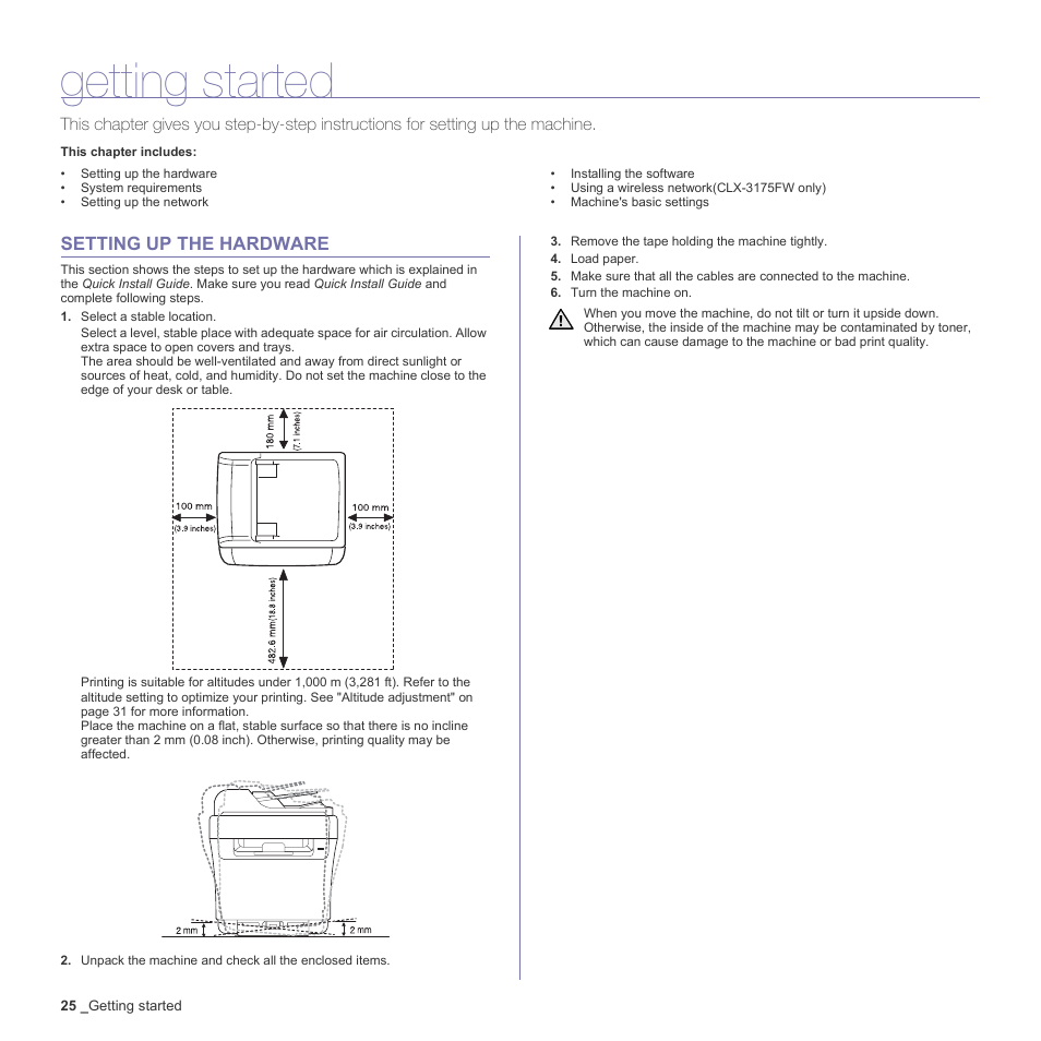 Getting started, Setting up the hardware, 25 setting up the hardware | Samsung CLX-3170 User Manual | Page 25 / 143