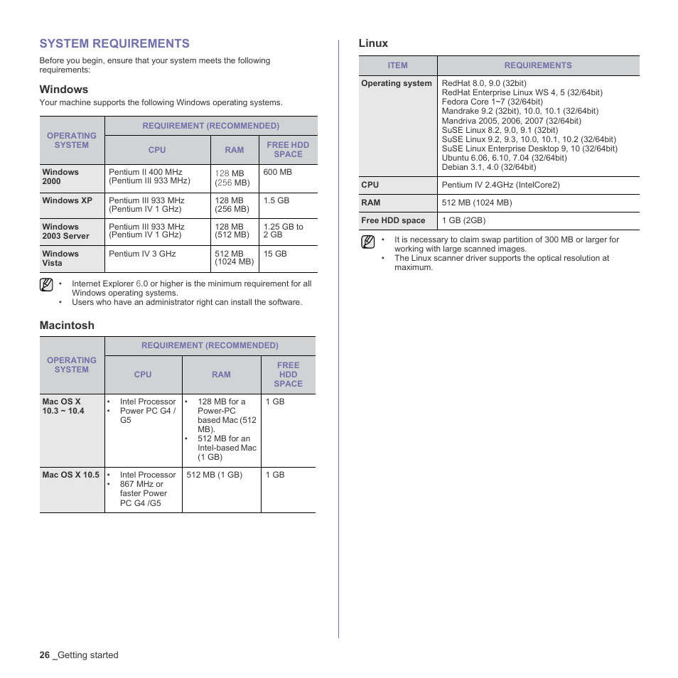 System requirements, Windows, Macintosh | Linux, 26 system requirements, Macintosh linux | Samsung CLX-3170 User Manual | Page 26 / 143