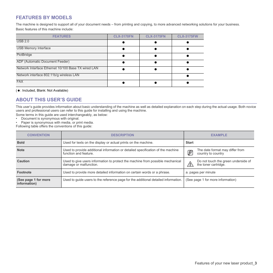 Features by models, About this user’s guide | Samsung CLX-3170 User Manual | Page 3 / 143