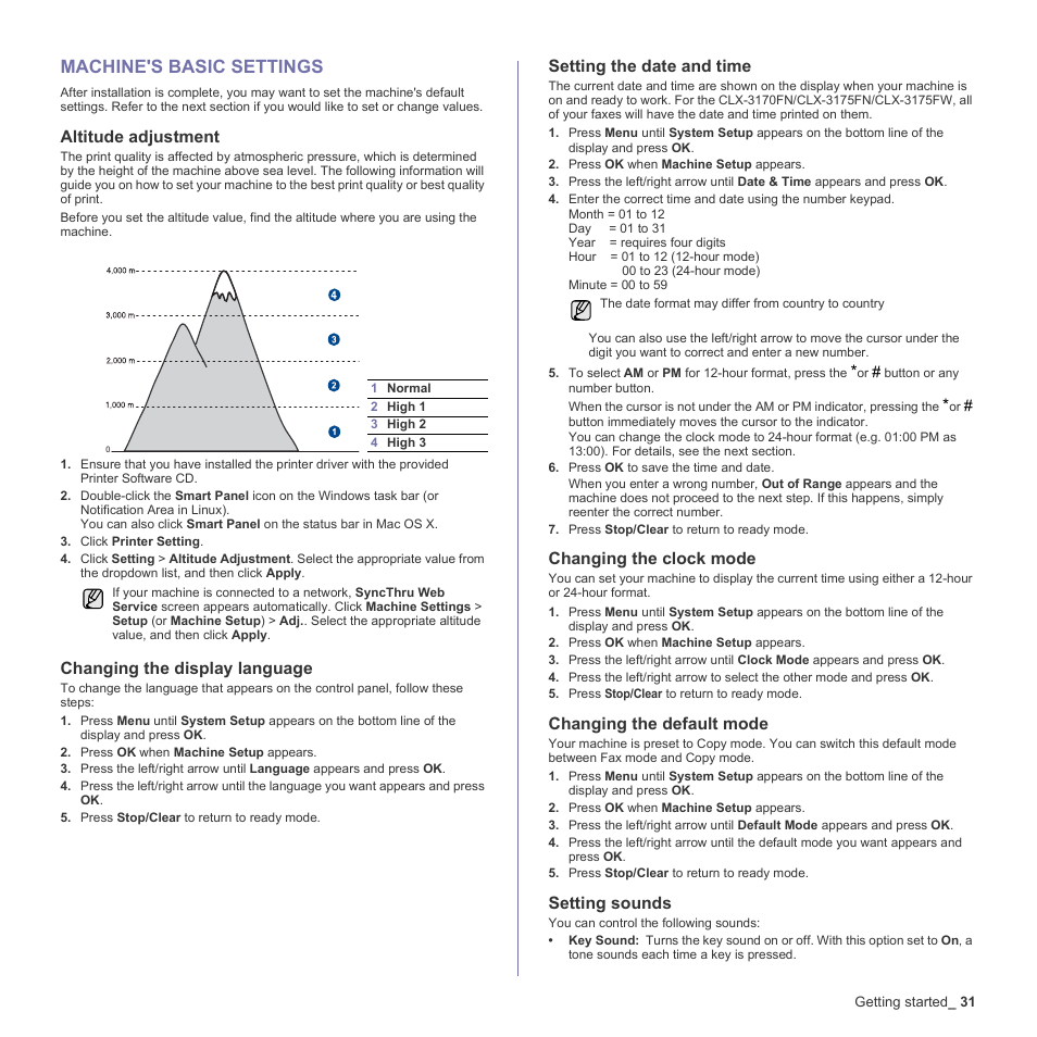 Machine's basic settings, Altitude adjustment, Changing the display language | Setting the date and time, Changing the clock mode, Changing the default mode, Setting sounds, 31 machine's basic settings, E 