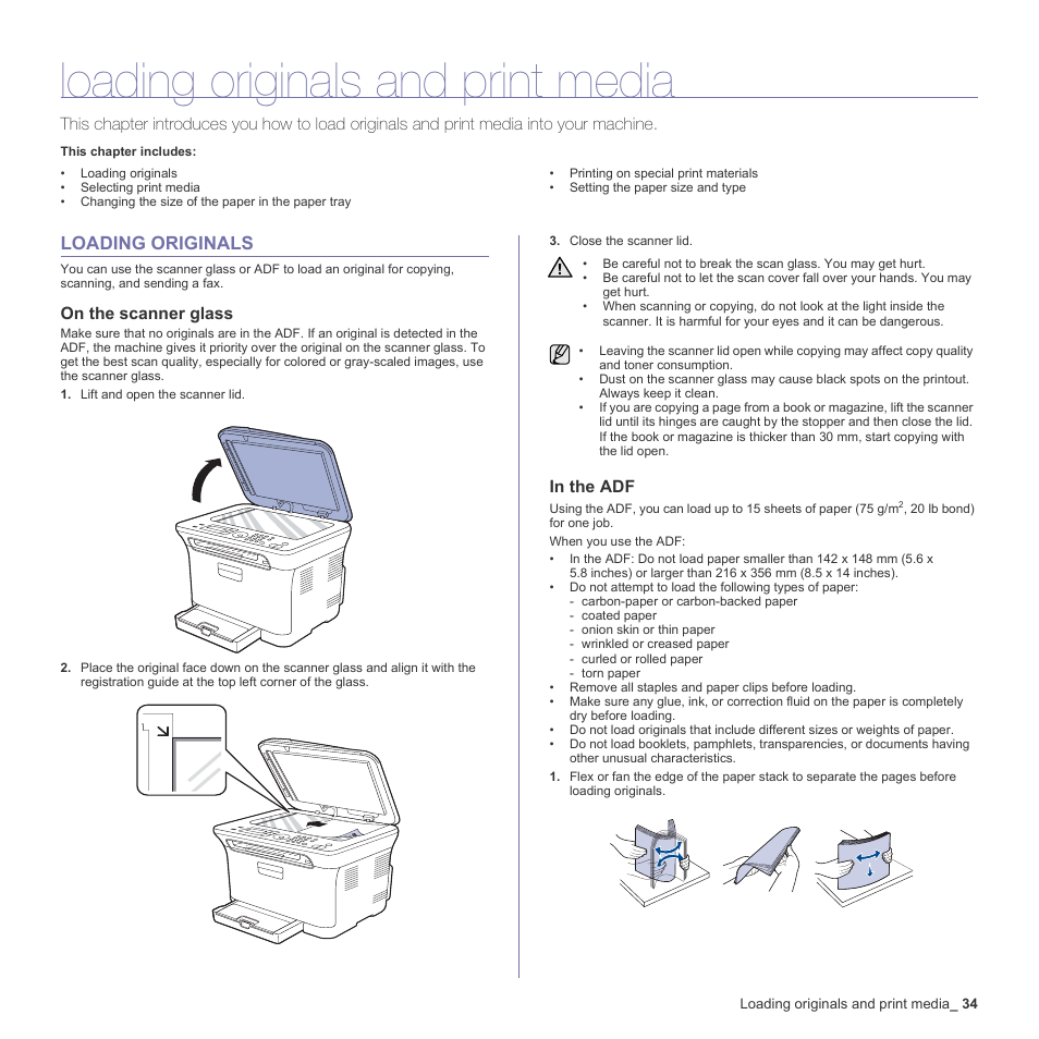 Loading originals and print media, Loading originals, On the scanner glass | In the adf, 34 loading originals | Samsung CLX-3170 User Manual | Page 34 / 143