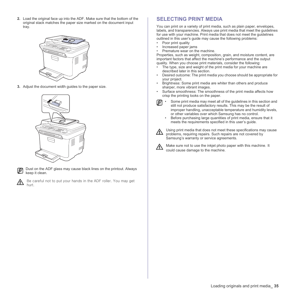 Selecting print media, 35 selecting print media | Samsung CLX-3170 User Manual | Page 35 / 143