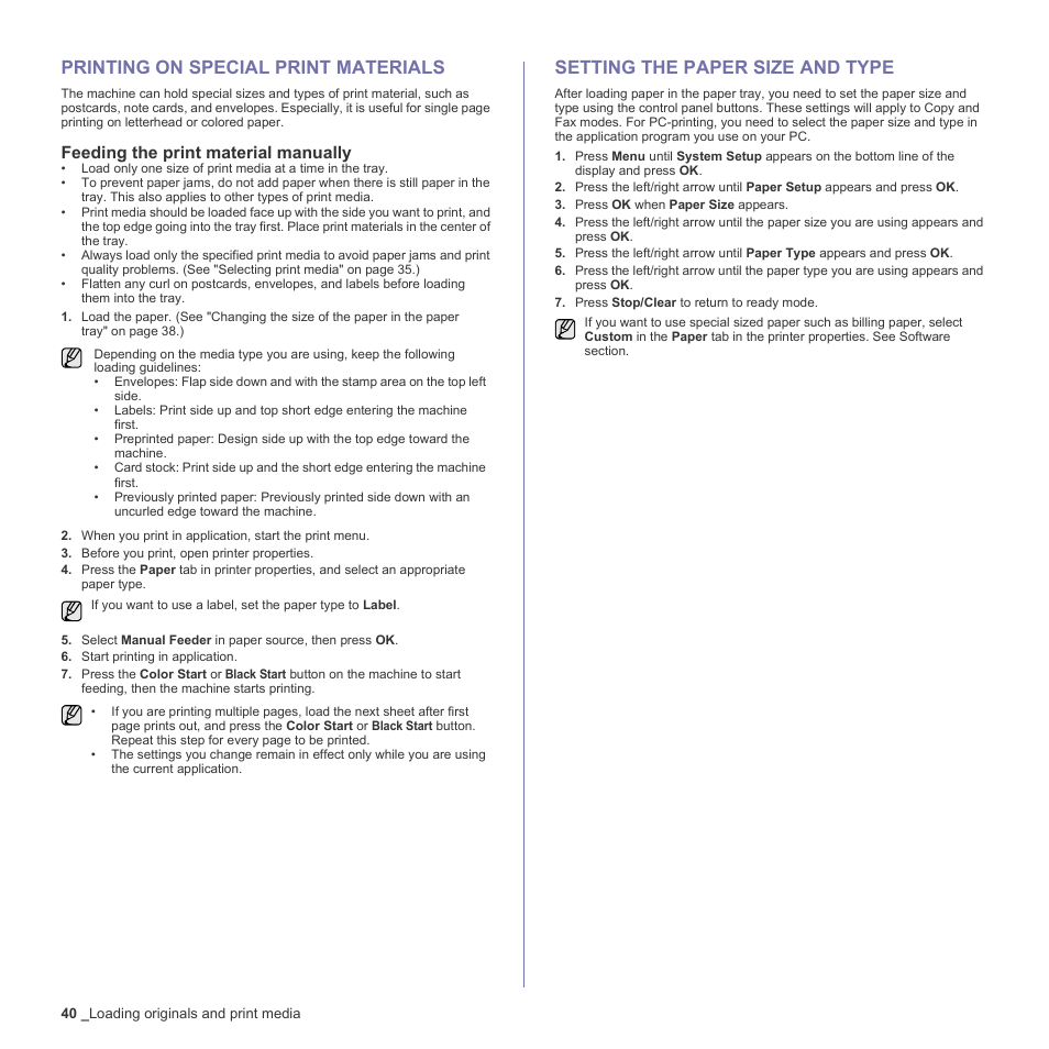 Printing on special print materials, Feeding the print material manually, Setting the paper size and type | 40 printing on special print materials, 40 setting the paper size and type | Samsung CLX-3170 User Manual | Page 40 / 143