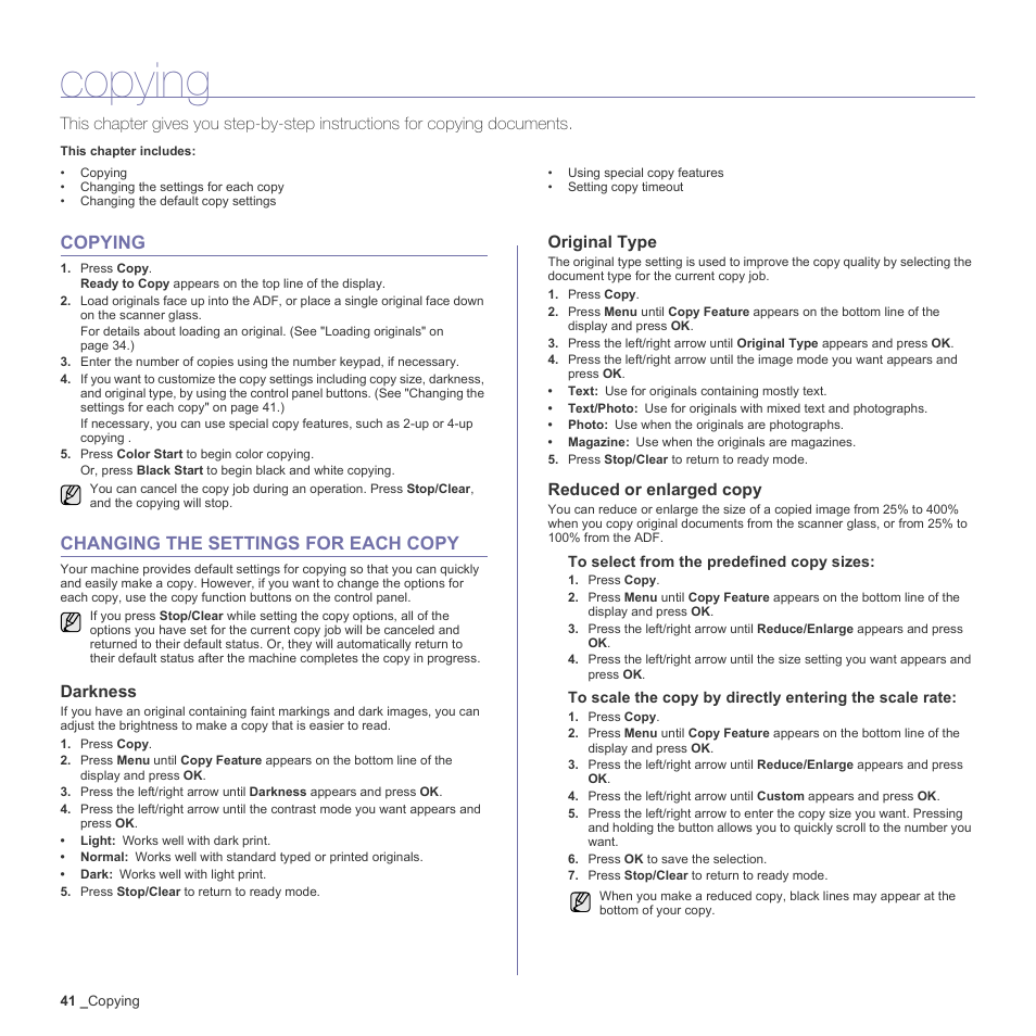 Copying, Changing the settings for each copy, Darkness | Original type, Reduced or enlarged copy, 41 copying 41 changing the settings for each copy | Samsung CLX-3170 User Manual | Page 41 / 143