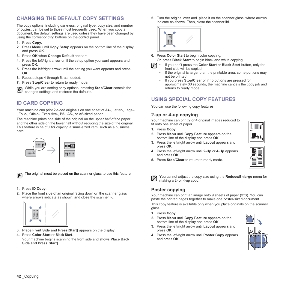 Changing the default copy settings, Id card copying, Using special copy features | Up or 4-up copying, Poster copying | Samsung CLX-3170 User Manual | Page 42 / 143