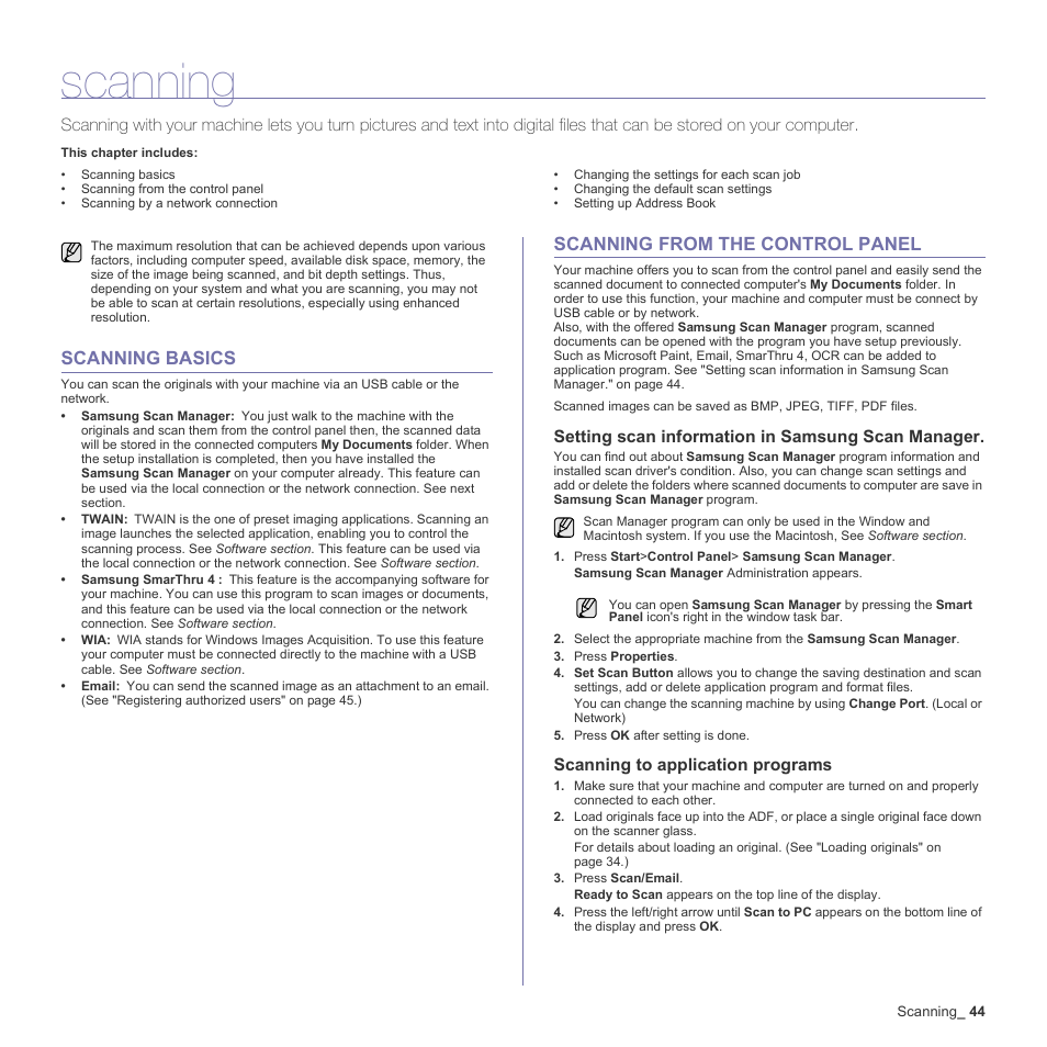 Scanning, Scanning basics, Scanning from the control panel | Setting scan information in samsung scan manager, Scanning to application programs | Samsung CLX-3170 User Manual | Page 44 / 143