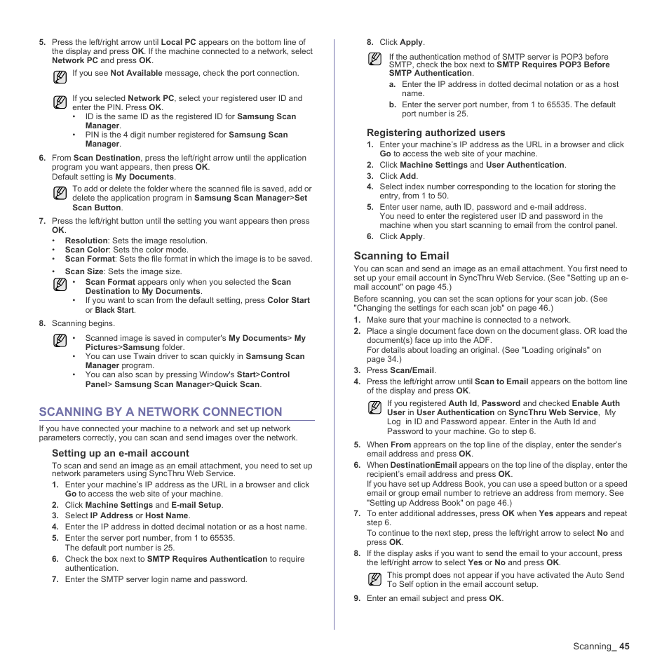 Scanning by a network connection, Scanning to email, 45 scanning by a network connection | Samsung CLX-3170 User Manual | Page 45 / 143