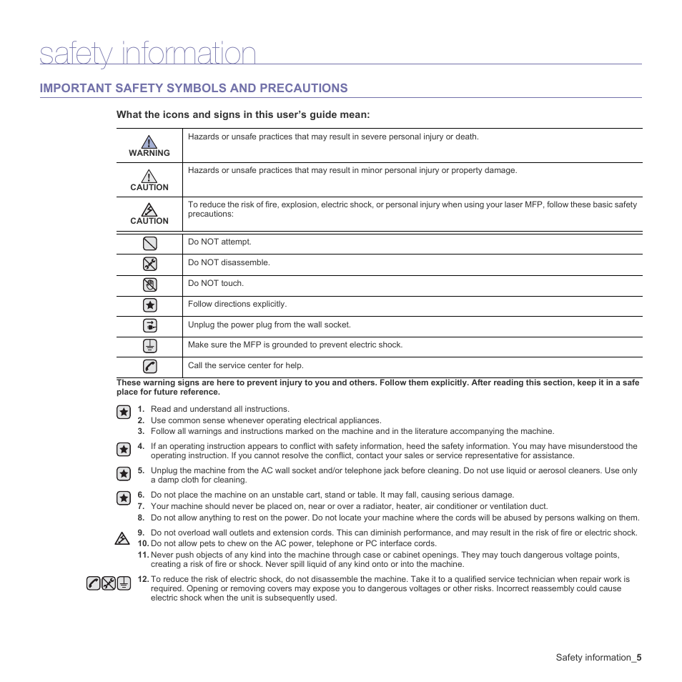 Safety information, Important safety symbols and precautions | Samsung CLX-3170 User Manual | Page 5 / 143