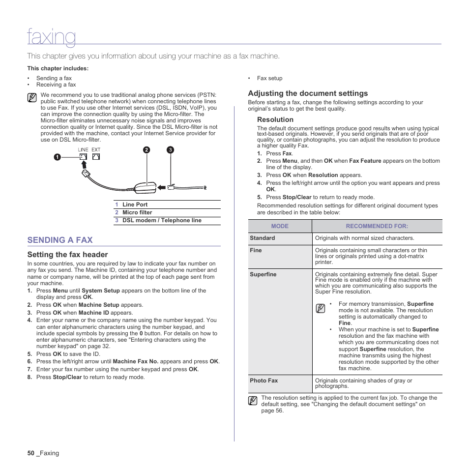 Faxing, Sending a fax, Setting the fax header | Adjusting the document settings, 50 sending a fax | Samsung CLX-3170 User Manual | Page 50 / 143