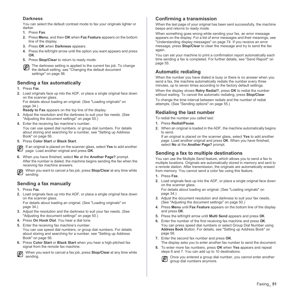 Sending a fax automatically, Sending a fax manually, Confirming a transmission | Automatic redialing, Redialing the last number, Sending a fax to multiple destinations | Samsung CLX-3170 User Manual | Page 51 / 143