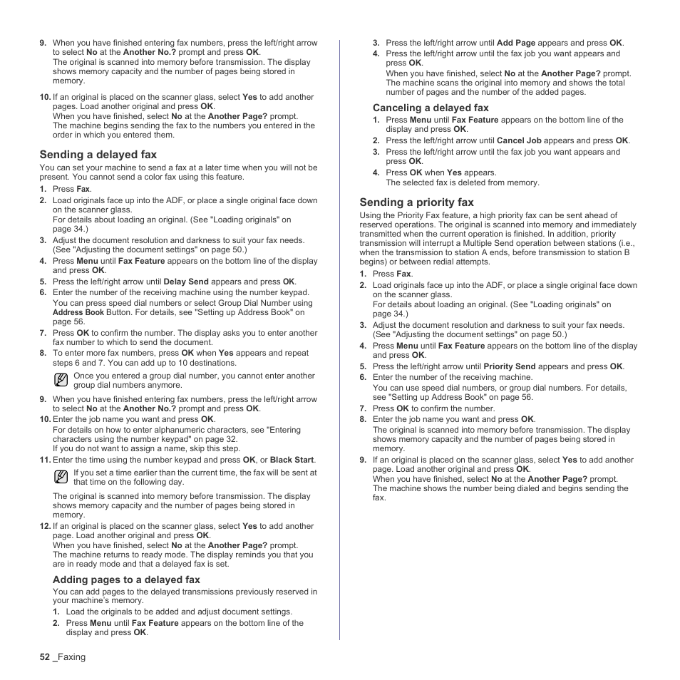 Sending a delayed fax, Sending a priority fax | Samsung CLX-3170 User Manual | Page 52 / 143