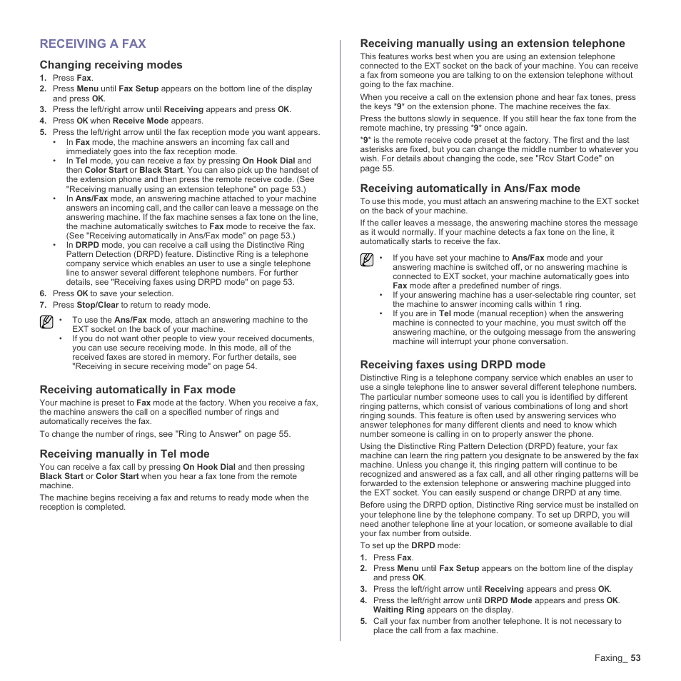 Receiving a fax, Changing receiving modes, Receiving automatically in fax mode | Receiving manually in tel mode, Receiving manually using an extension telephone, Receiving automatically in ans/fax mode, Receiving faxes using drpd mode, 53 receiving a fax | Samsung CLX-3170 User Manual | Page 53 / 143