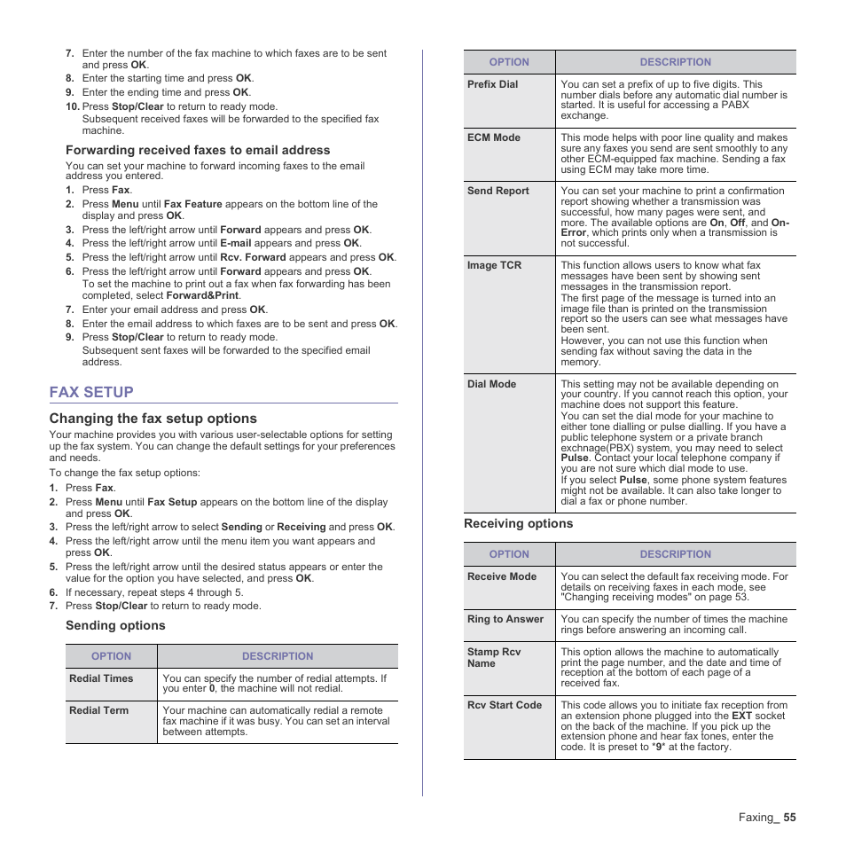 Fax setup, Changing the fax setup options, 55 fax setup | Samsung CLX-3170 User Manual | Page 55 / 143