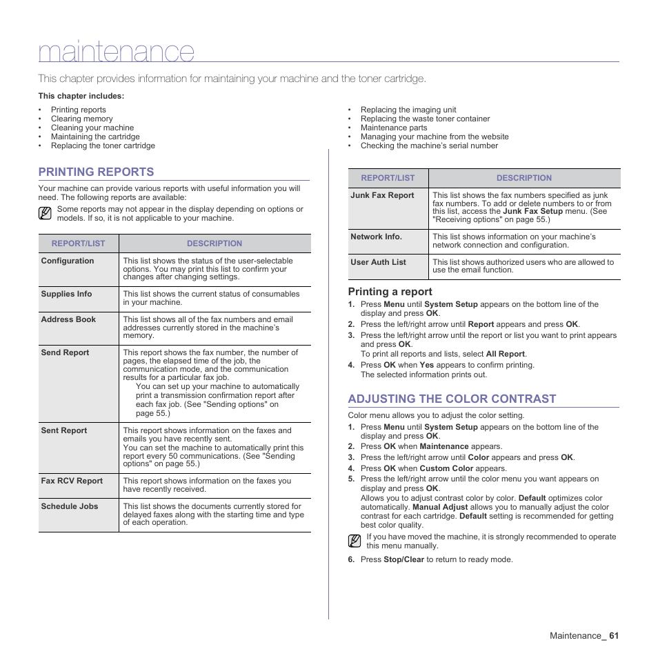 Maintenance, Printing reports, Printing a report | Adjusting the color contrast, 61 printing reports, 61 adjusting the color contrast, See "printing | Samsung CLX-3170 User Manual | Page 61 / 143