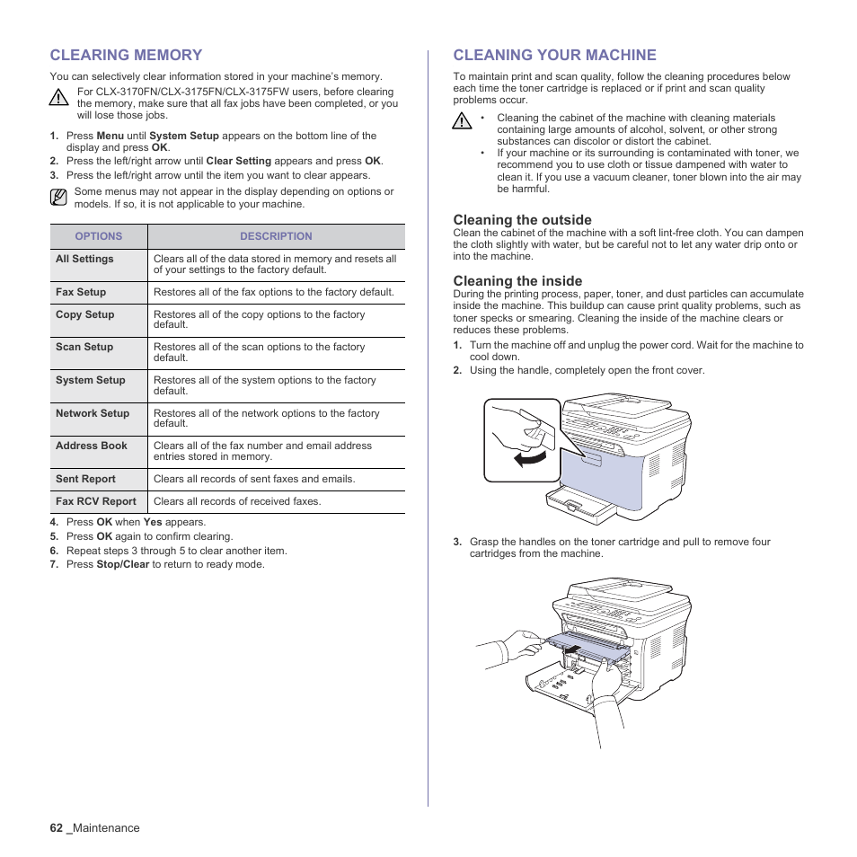 Clearing memory, Cleaning your machine, Cleaning the outside | Cleaning the inside, 62 clearing memory 62 cleaning your machine | Samsung CLX-3170 User Manual | Page 62 / 143