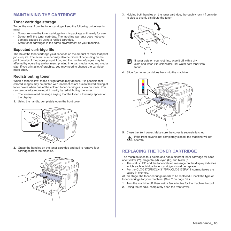 Maintaining the cartridge, Toner cartridge storage, Expected cartridge life | Redistributing toner, Replacing the toner cartridge, 65 maintaining the cartridge, 65 replacing the toner cartridge | Samsung CLX-3170 User Manual | Page 65 / 143