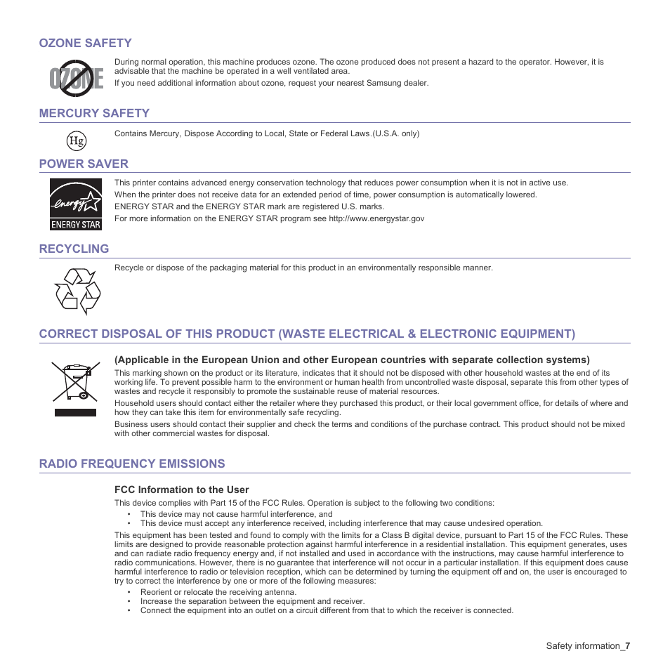 Ozone safety, Mercury safety, Power saver | Recycling, Radio frequency emissions | Samsung CLX-3170 User Manual | Page 7 / 143
