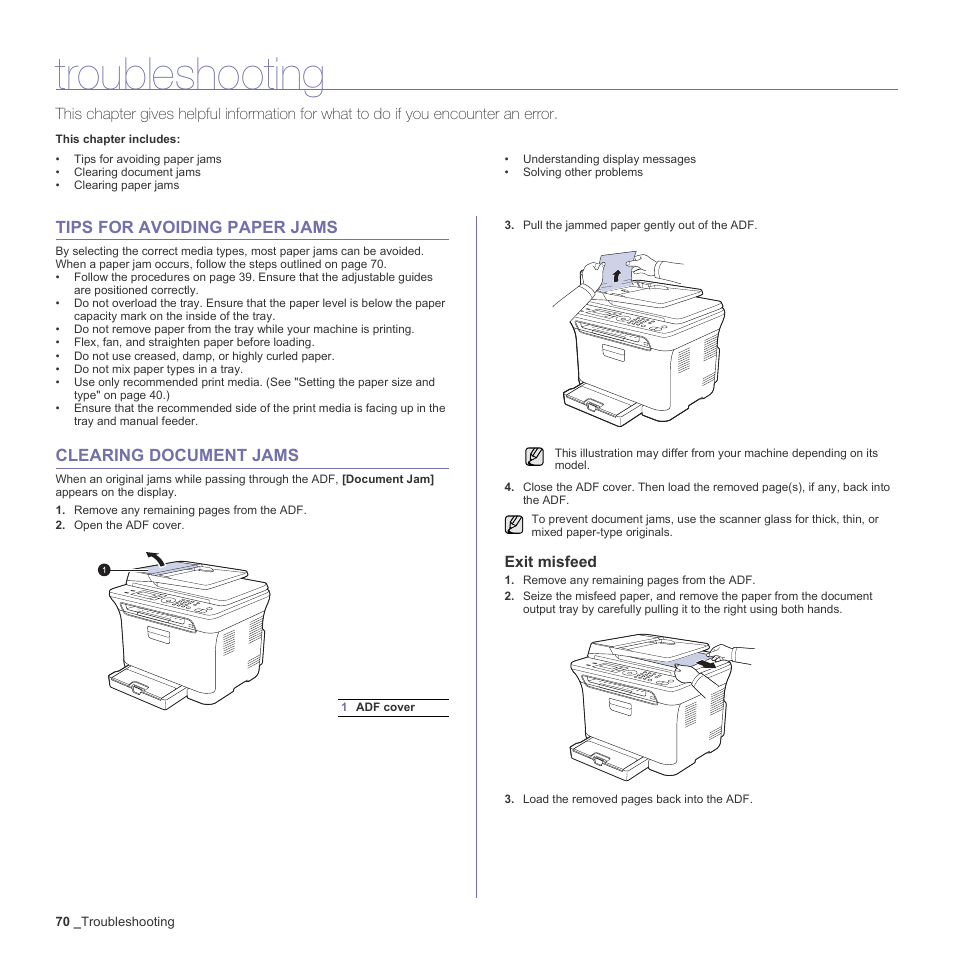 Troubleshooting, Tips for avoiding paper jams, Clearing document jams | Exit misfeed | Samsung CLX-3170 User Manual | Page 70 / 143