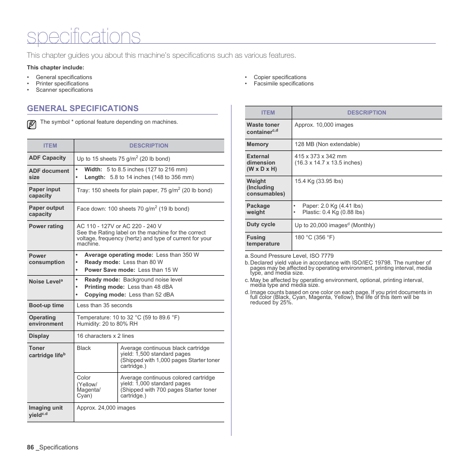 Specifications, General specifications, 86 general specifications | Samsung CLX-3170 User Manual | Page 86 / 143