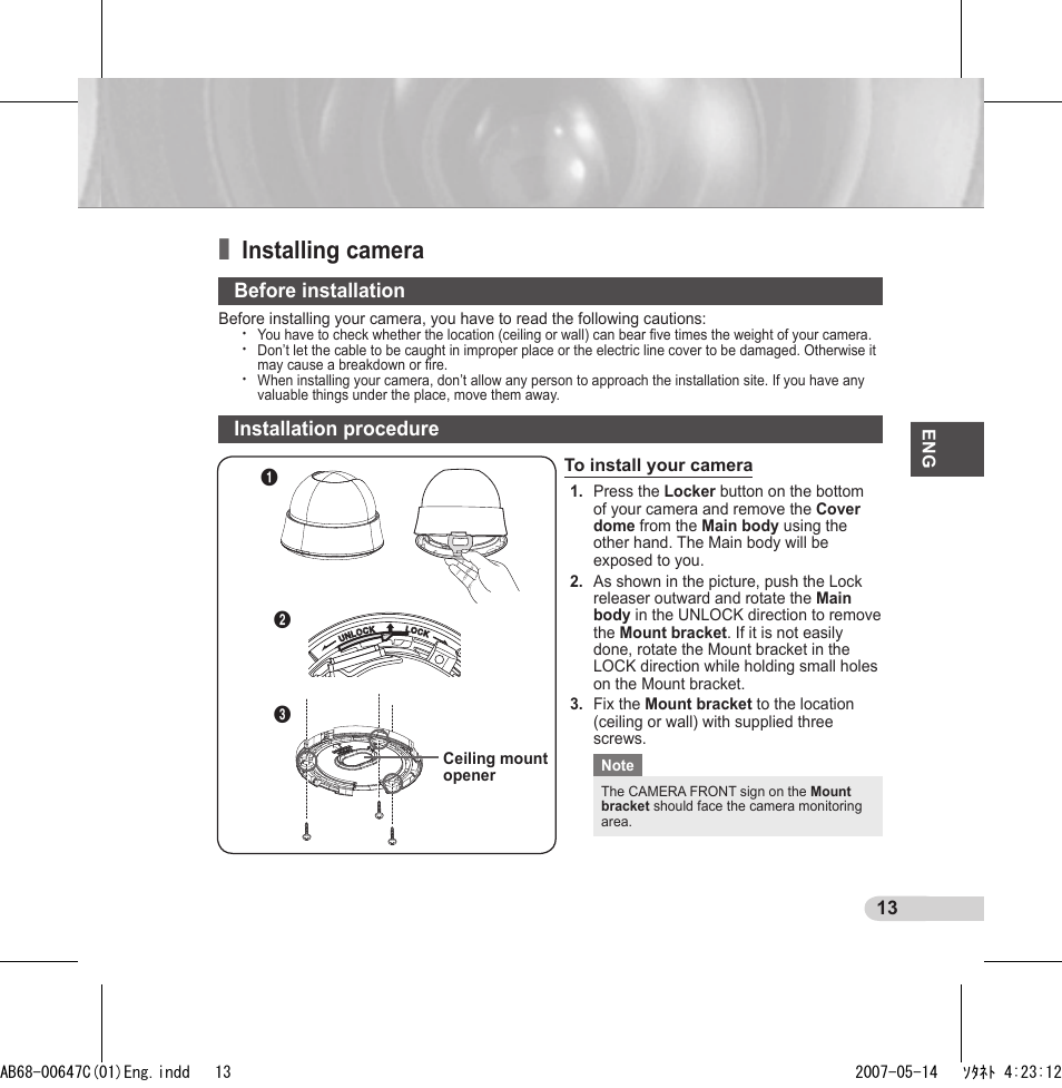 Installing camera | Samsung SCC-B531xP User Manual | Page 13 / 20