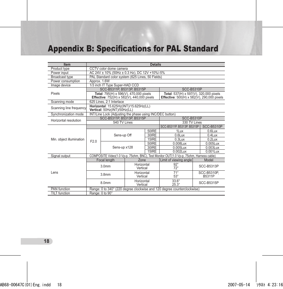 Appendix b: speciﬁcations for pal standard | Samsung SCC-B531xP User Manual | Page 18 / 20