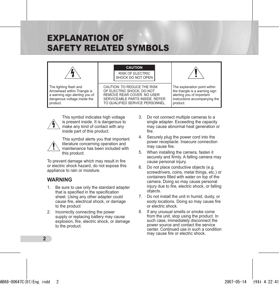 Explanation of safety related symbols, Warning | Samsung SCC-B531xP User Manual | Page 2 / 20