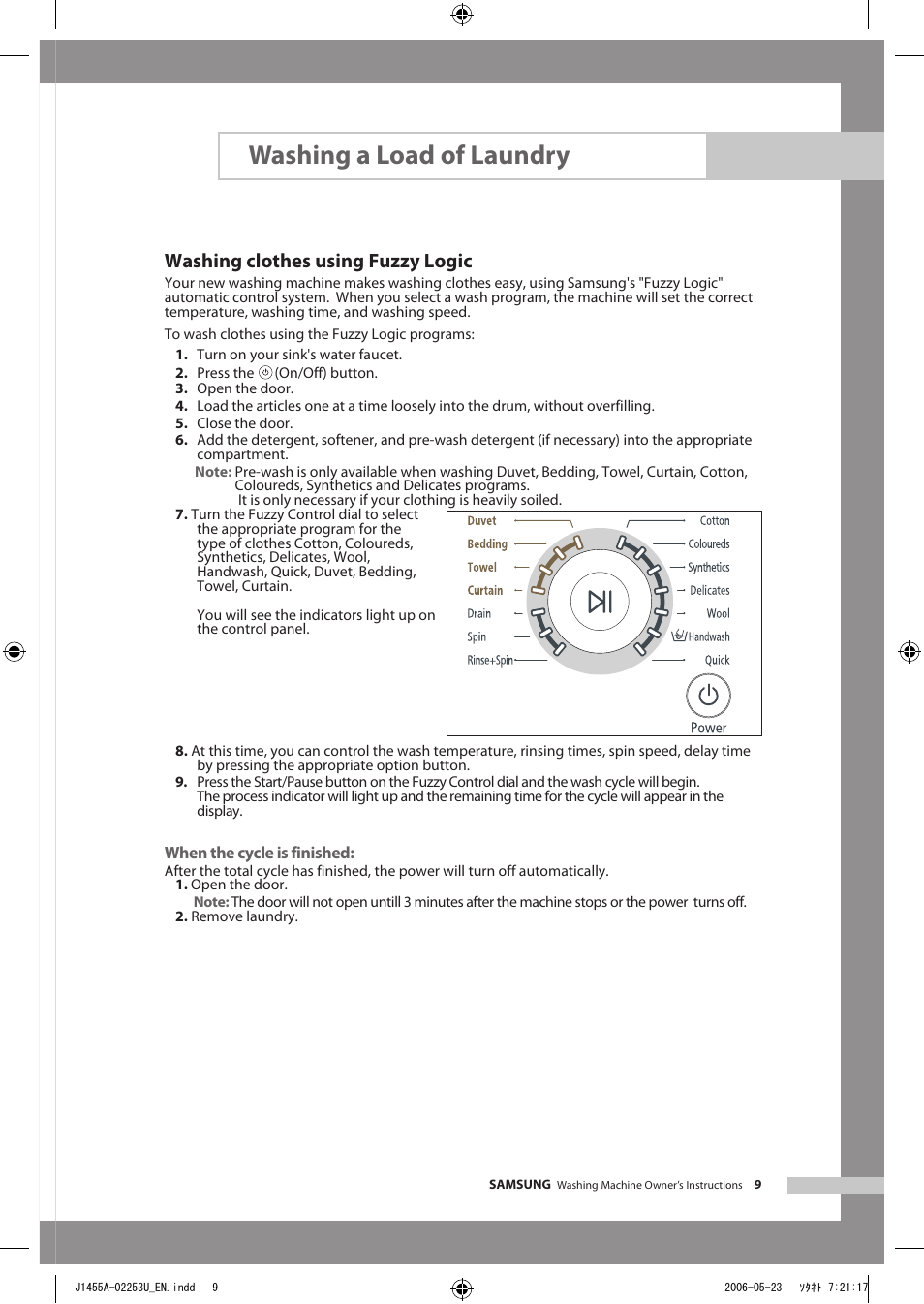 Washing a load of laundry, Washing clothes using fuzzy logic | Samsung J1455AS User Manual | Page 13 / 24