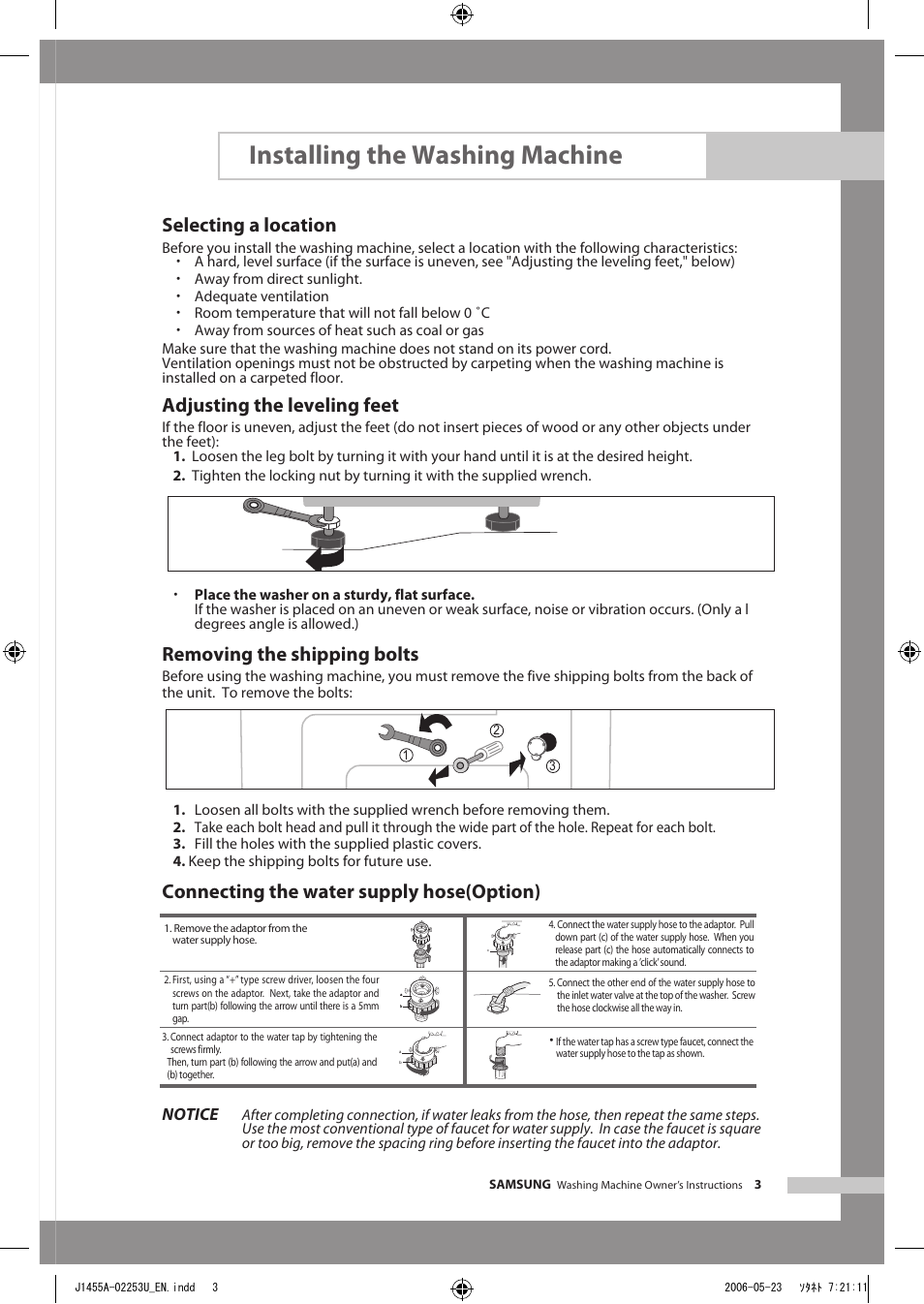 Installing the washing machine, Selecting a location, Adjusting the leveling feet | Removing the shipping bolts, Connecting the water supply hose(option), Notice | Samsung J1455AS User Manual | Page 7 / 24