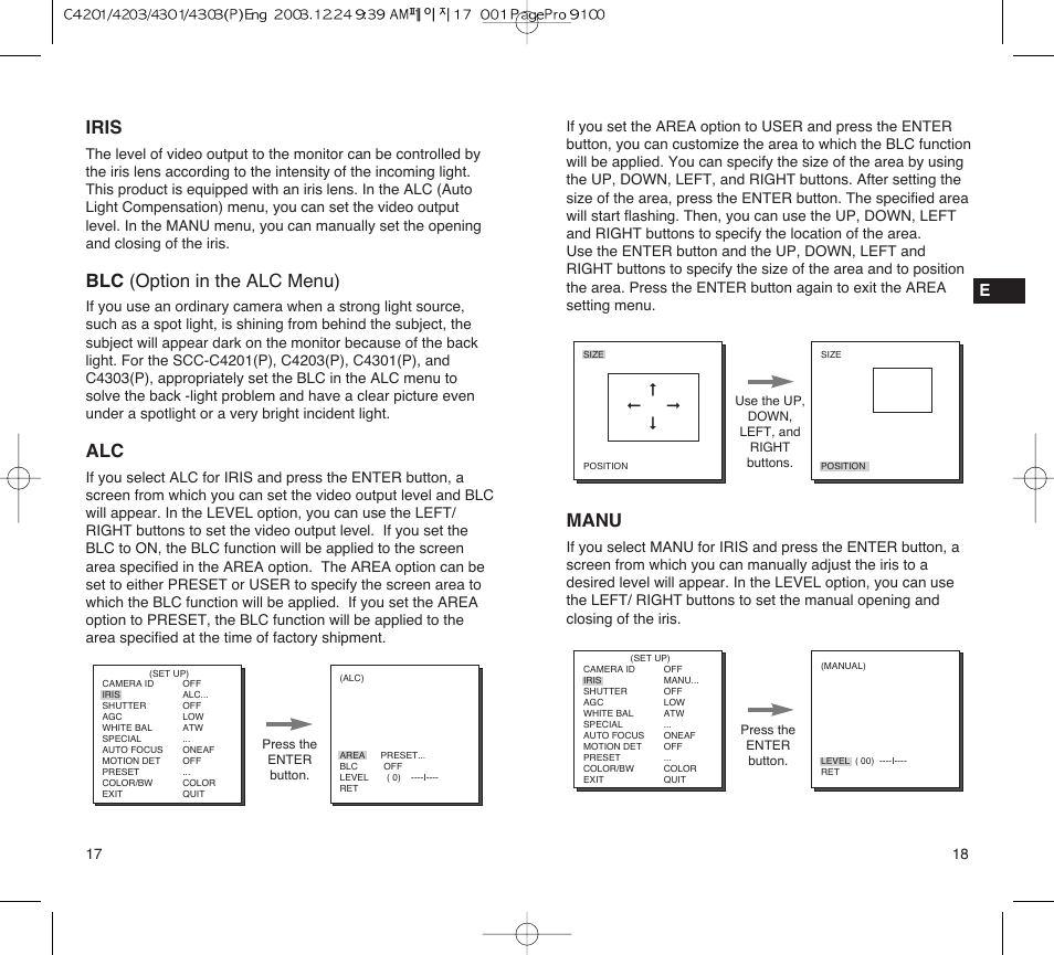 Manu, Iris, Blc (option in the alc menu) | Samsung C4203(P) User Manual | Page 10 / 19
