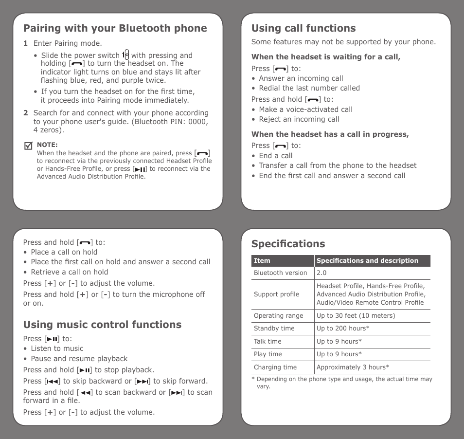 Pairing with your bluetooth phone, Using call functions, Using music control functions | Specifications | Samsung GH68-19203A User Manual | Page 2 / 2