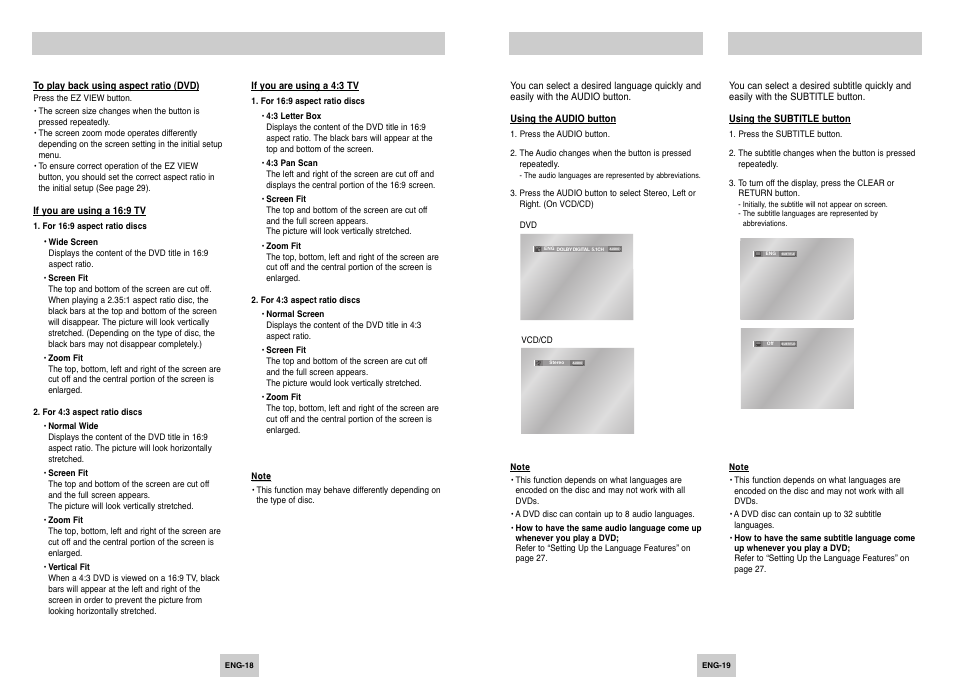 Advanced funtions, Adjusting the aspect ratio (ez view), Selecting the audio language | Selecting the subtitle language | Samsung DVD-P249 User Manual | Page 10 / 17