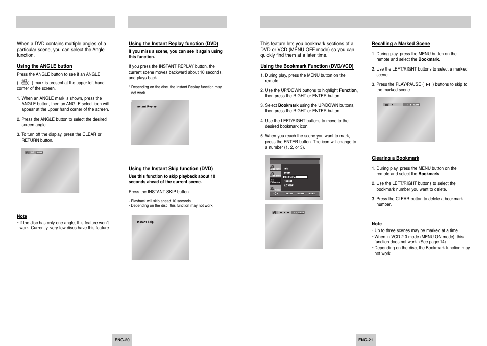 Changing the camera angle, Using the instant replay/skip function, Using the bookmark function | Samsung DVD-P249 User Manual | Page 11 / 17