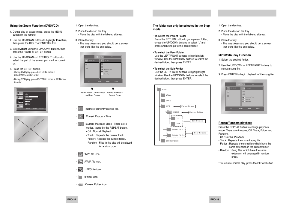 Using the zoom function, Clips menu for mp3/wma/jpeg, Folder selection | Mp3/wma play, Clips menu for mp3/wma/jpeg folder selection | Samsung DVD-P249 User Manual | Page 12 / 17