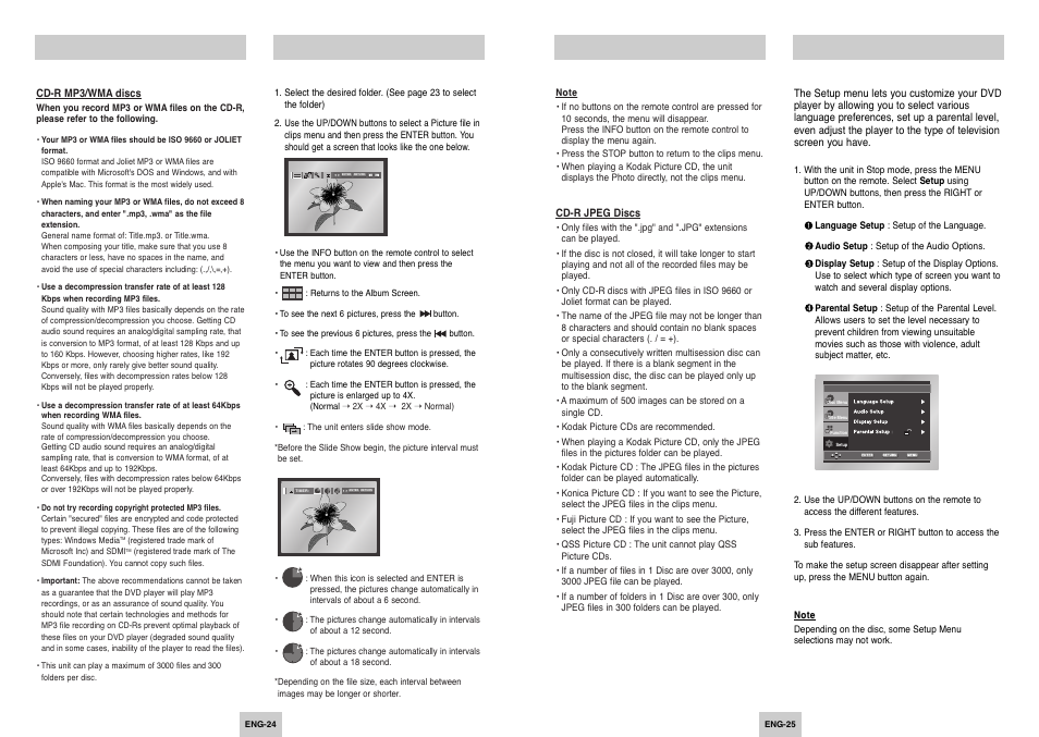 Picture cd playback, Changing the setup menu, Using the setup menu | Mp3/wma play | Samsung DVD-P249 User Manual | Page 13 / 17