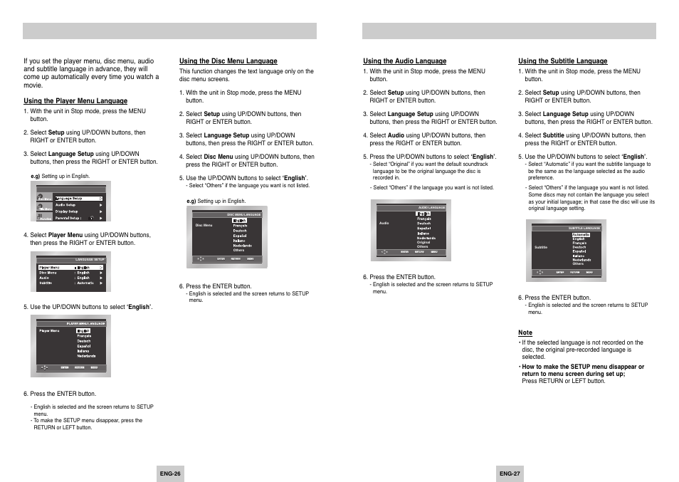 Setting up the language features | Samsung DVD-P249 User Manual | Page 14 / 17