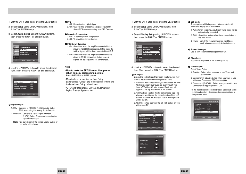 Setting up the audio options, Setting up the display options | Samsung DVD-P249 User Manual | Page 15 / 17