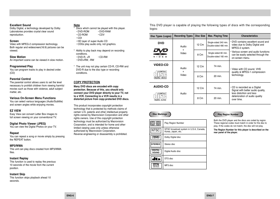 General features, Disc type and characteristics | Samsung DVD-P249 User Manual | Page 4 / 17