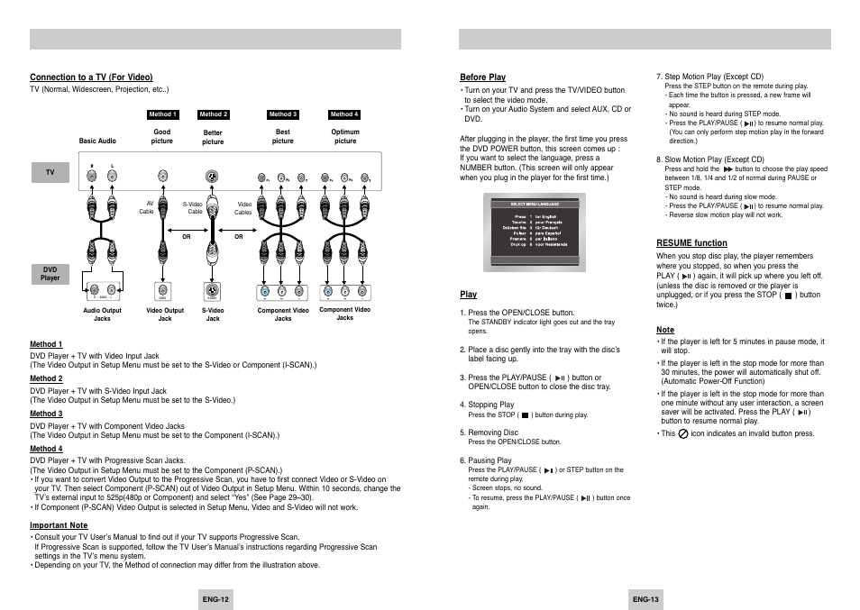 Basic functions, Playing a disc, Choosing a connection | Samsung DVD-P249 User Manual | Page 7 / 17