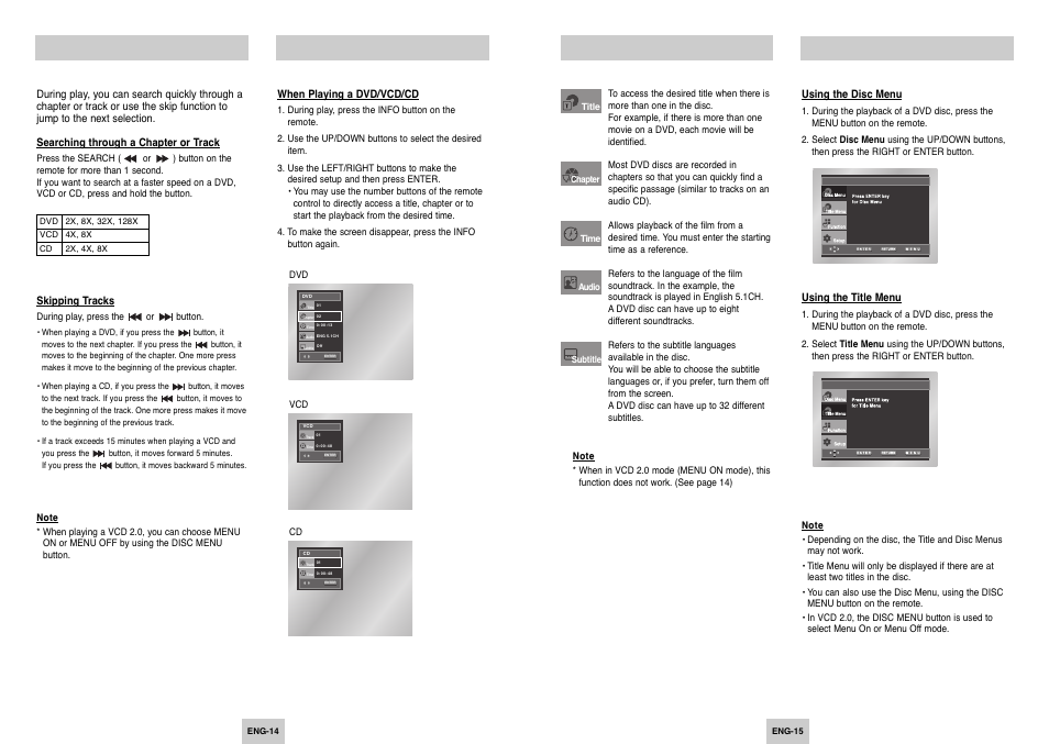 Using the search & skip functions, Using the display function, Using the disc and title menu | Samsung DVD-P249 User Manual | Page 8 / 17