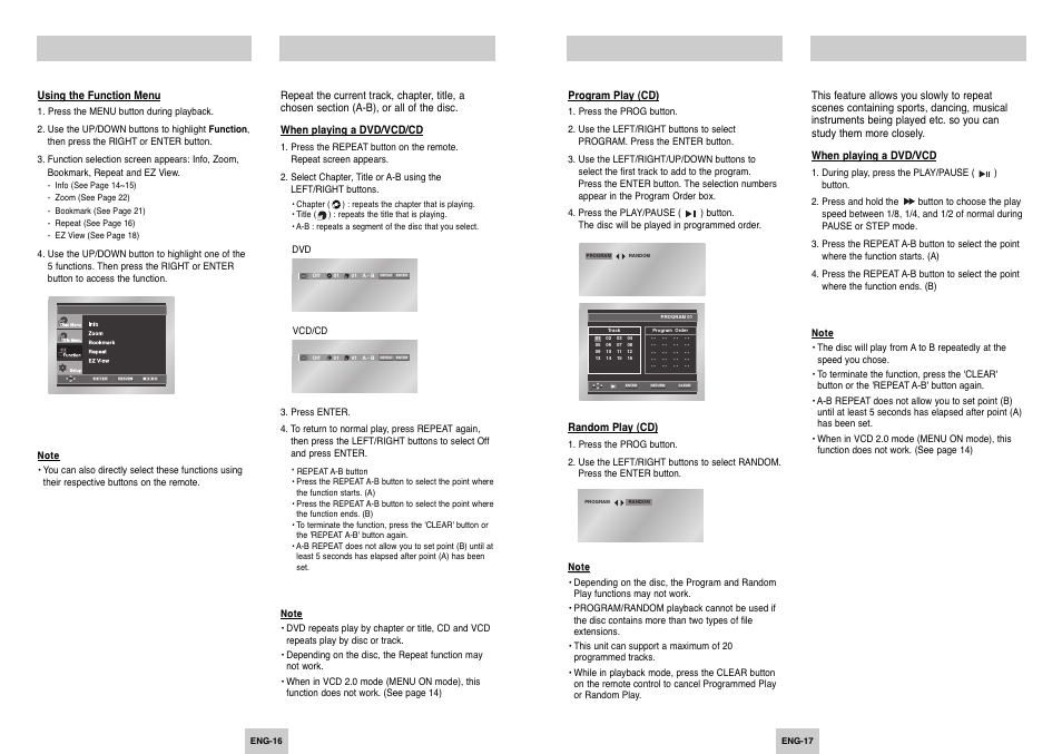 Using the function menu, Repeat play, Program play & random play | Slow repeat play, Slow repeat play repeat play | Samsung DVD-P249 User Manual | Page 9 / 17