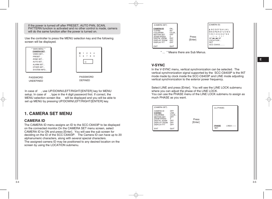 Camera set menu, Camera id, V-sync | Samsung SCC-C6403P User Manual | Page 15 / 29