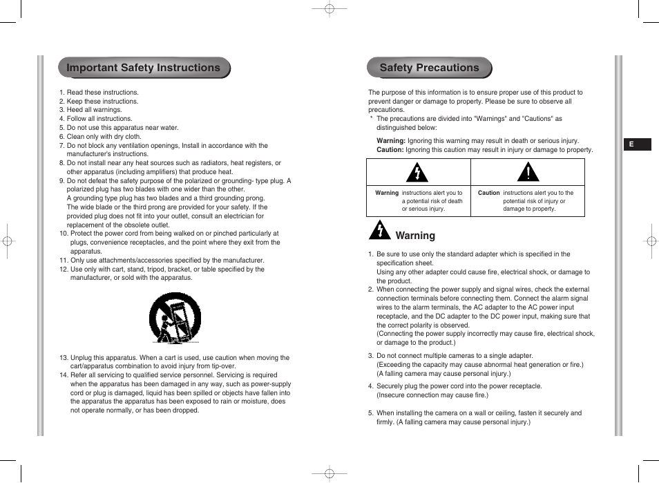 Safety precautions important safety instructions, Warning | Samsung SCC-C6403P User Manual | Page 2 / 29