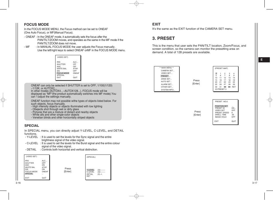 Preset, Focus mode, Exit | Samsung SCC-C6403P User Manual | Page 21 / 29