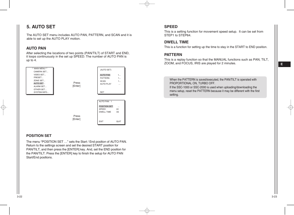 Auto set, Speed, Dwell time | Pattern, Auto pan | Samsung SCC-C6403P User Manual | Page 24 / 29